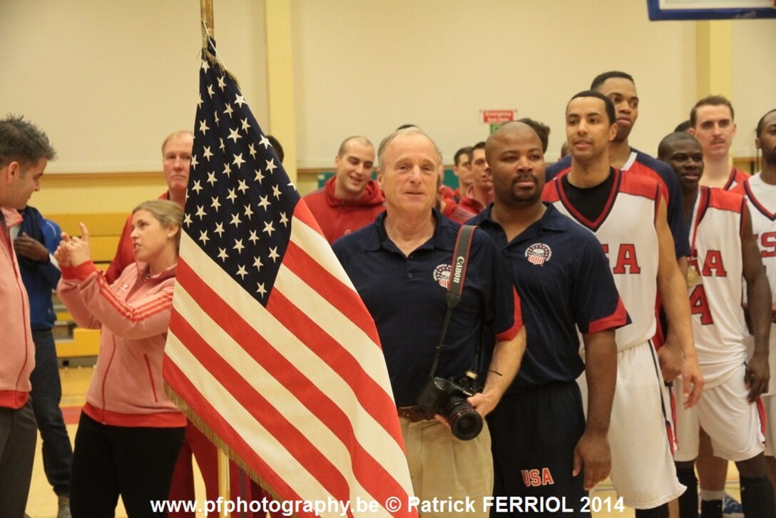 U.S. Armed Forces Men's Basketball team ready to receive their award after capturing the SHAPE International Basketball Championship by defeating Lithuania 87-82.