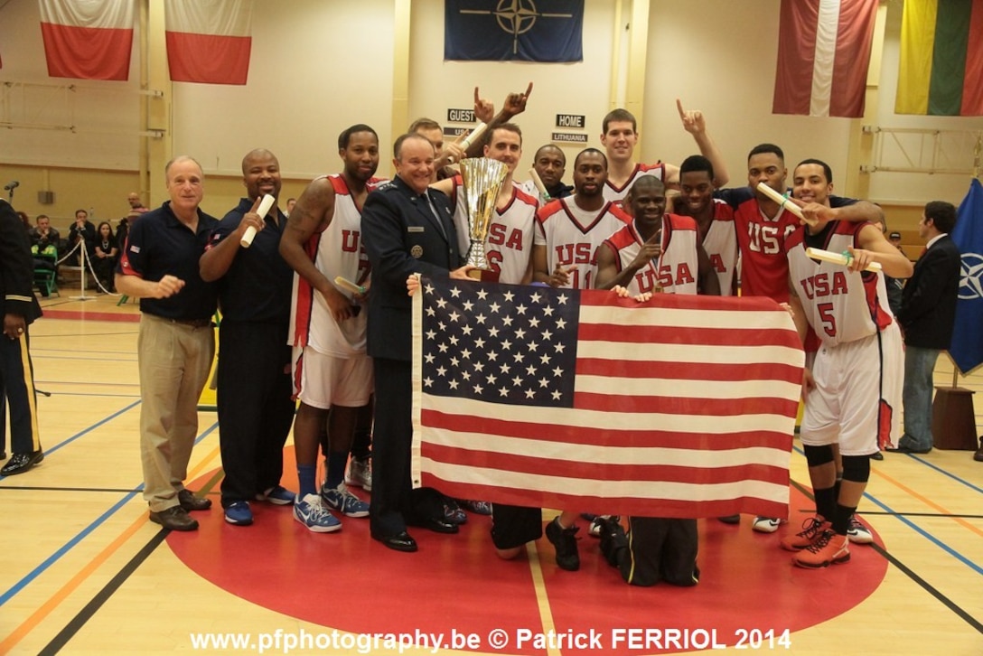U.S. Armed Forces Men's Basketball team with Supreme Allied Commander-Europe, Gen. Philip Breedlove after capturing the SHAPE International Basketball Championship by defeating Lithuania 87-82.