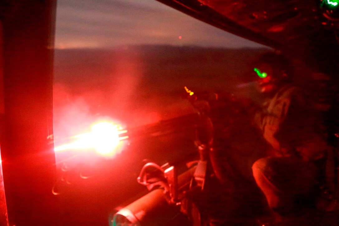 A U.S. Marine with Marine Medium Tiltrotor Squadron 161 (Reinforced), 15th Marine Expeditionary Unit, provides security during a tactical recovery of aircraft and personnel mission during realistic urban training aboard Camp Roberts, Calif., Dec. 7, 2014.  RUT prepares the 15th MEU's Marines for their upcoming deployment, enhancing their combat skills in environments similar to those they may find in future missions. (U.S. Marine Corps Photo by Gunnery Sgt. Eddy Arce/Released)