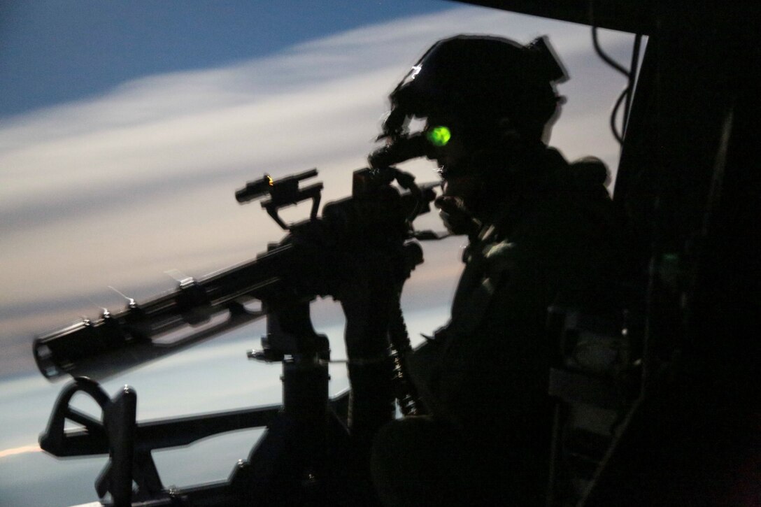 A U.S. Marine with Marine Medium Tiltrotor Squadron 161 (Reinforced), 15th Marine Expeditionary Unit, provides security during a tactical recovery of aircraft and personnel mission during realistic urban training aboard Camp Roberts, Calif., Dec. 7, 2014. RUT prepares the 15th MEU's Marines for their upcoming deployment, enhancing their combat skills in environments similar to those they may find in future missions. (U.S. Marine Corps Photo by Cpl. Steve H. Lopez/Released)