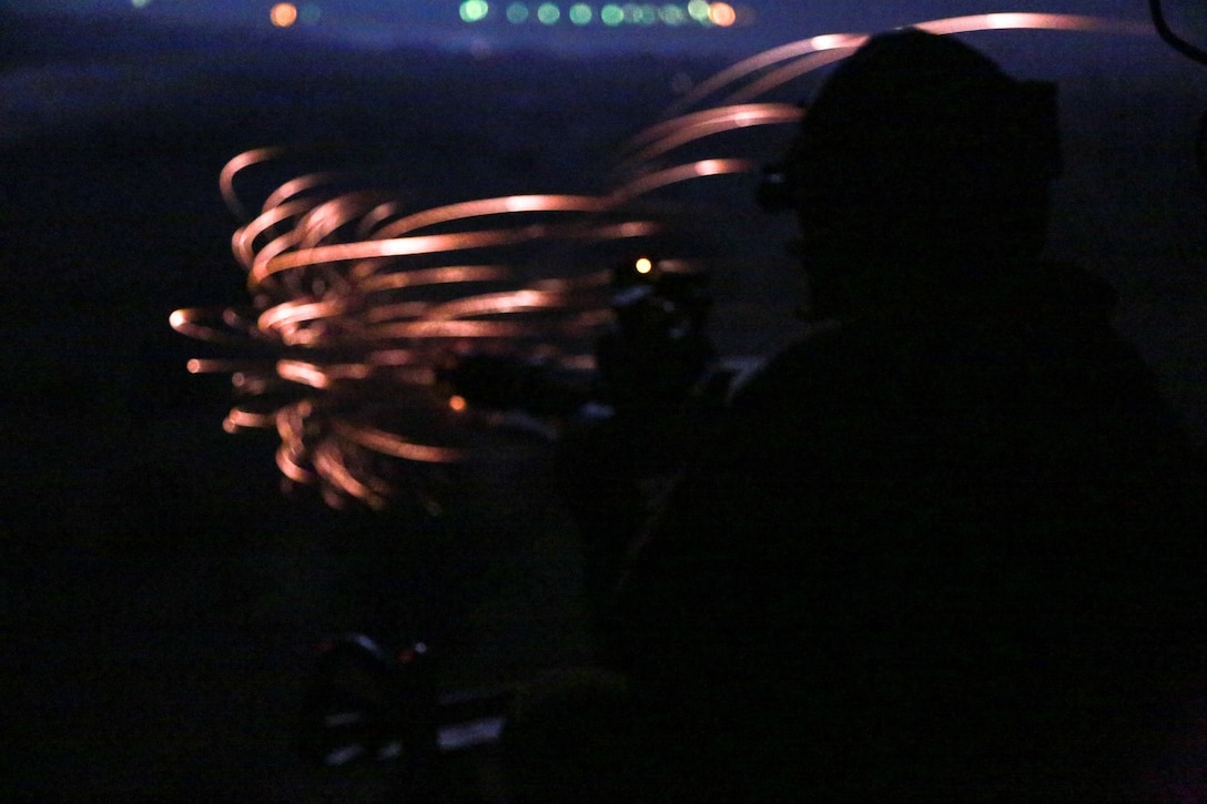 A U.S. Marine with Marine Medium Tiltrotor Squadron 161 (Reinforced), 15th Marine Expeditionary Unit, provides security during a tactical recovery of aircraft and personnel mission during realistic urban training aboard Camp Roberts, Calif., Dec. 7, 2014. RUT prepares the 15th MEU's Marines for their upcoming deployment, enhancing their combat skills in environments similar to those they may find in future missions. (U.S. Marine Corps Photo by Cpl. Steve H. Lopez/Released)
