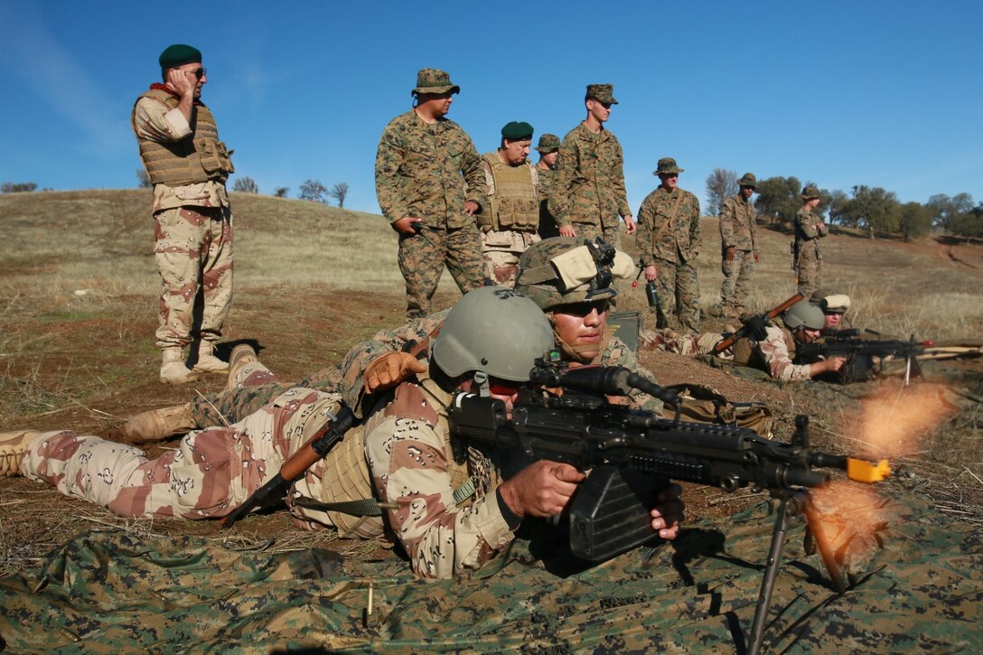 U.S. Marines with Battalion Landing Team 3rd Battalion, 1st Marine Regiment, 15th Marine Expeditionary Unit, train role-players to provide cover fire while participating in realistic urban training aboard Fort Hunter Liggett, Calif., Dec. 8, 2014.  The Marines were simulating bi-lateral training exercises they could be tasked with while deployed. RUT prepares the 15th MEU's Marines for their upcoming deployment, enhancing their combat skills in environments similar to those they may find in future missions. (U.S. Marine Corps Photo by Sgt. Jamean Berry/Released)