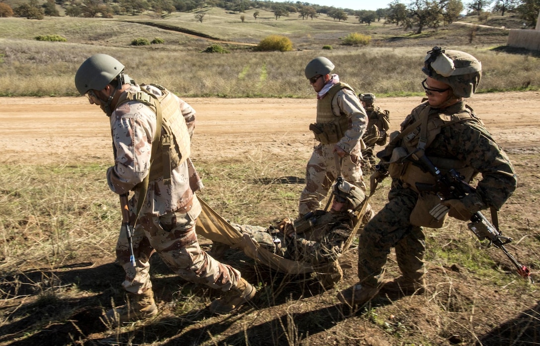U.S. Marines with Battalion Landing Team 3rd Battalion, 1st Marine Regiment, 15th Marine Expeditionary Unit, and role-players evacuate a simulated casualty while participating in realistic urban training aboard Fort Hunter Liggett, Calif., Dec. 8, 2014. The Marines were simulating bi-lateral training exercises they could be tasked with while deployed. RUT prepares the 15th MEU's Marines for their upcoming deployment, enhancing their combat skills in environments similar to those they may find in future missions. (U.S. Marine Corps Photo by Sgt. Jamean Berry/Released)