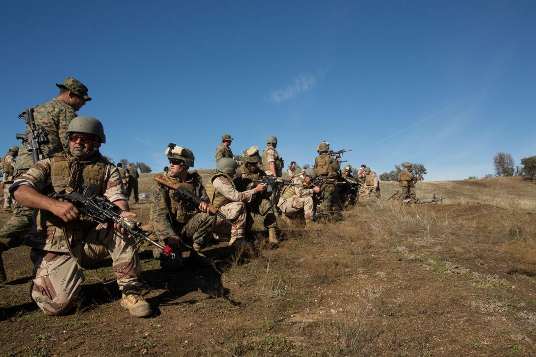 U.S. Marines with Battalion Landing Team 3rd Battalion, 1st Marine Regiment, 15th Marine Expeditionary Unit, and role-players provide cover fire while participating in realistic urban training aboard Fort Hunter Liggett, Calif., Dec. 8, 2014. The Marines were simulating bi-lateral training exercises they could be tasked with while deployed. RUT prepares the 15th MEU's Marines for their upcoming deployment, enhancing their combat skills in environments similar to those they may find in future missions. (U.S. Marine Corps Photo by Sgt. Jamean Berry/Released)
