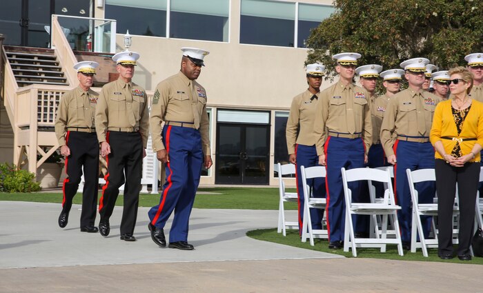 (from left to right) General Joseph F. Dunford, 36th Commandant of the Marine Corps, Maj. Gen. Mark A. Brilakis, commanding general, Marine Corps Recruiting Command, and Sgt. Maj. Michael A. Logan, sergeant major, Marine Corps Recruiting Command, enter the Superior Achiever Award Ceremony at the Admiral Kidd Conference Center, Naval Base Point Loma, San Diego, Dec. 5.  The awards ceremony was held to recognize the hard work and efforts of the recruiting districts and stations over the past year.
