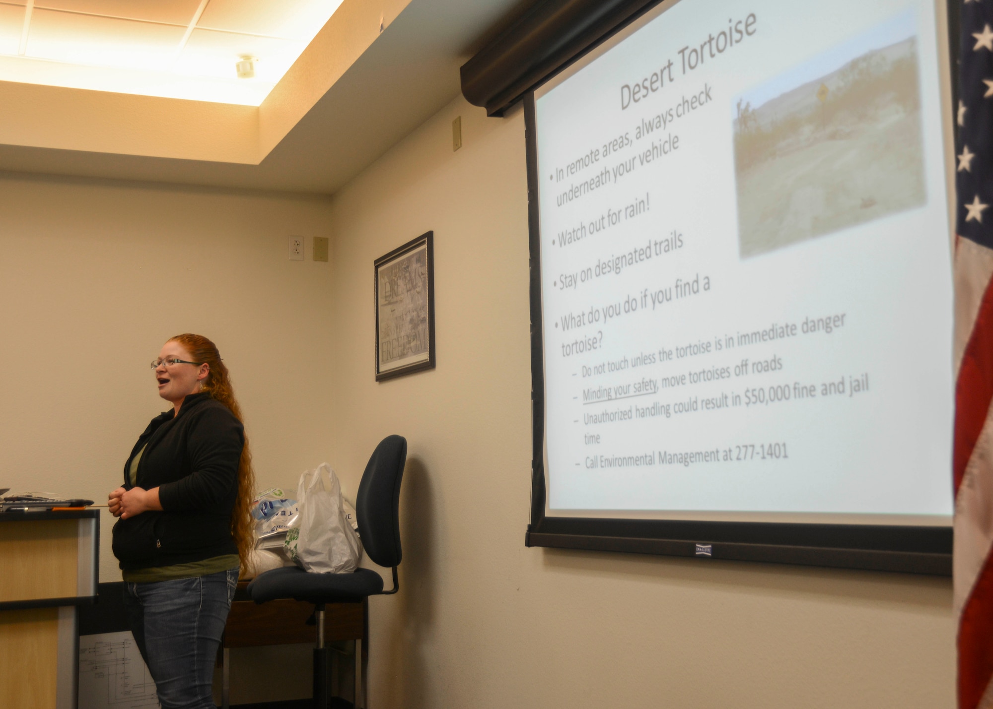 Wildlife biologist Misty Hailstone, 412th Test Wing Environmental Management, offered a desert tortoise training course for off-road vehicles Dec. 4 in Bldg. 3000. (U.S. Air Force photo by Rebecca Amber)