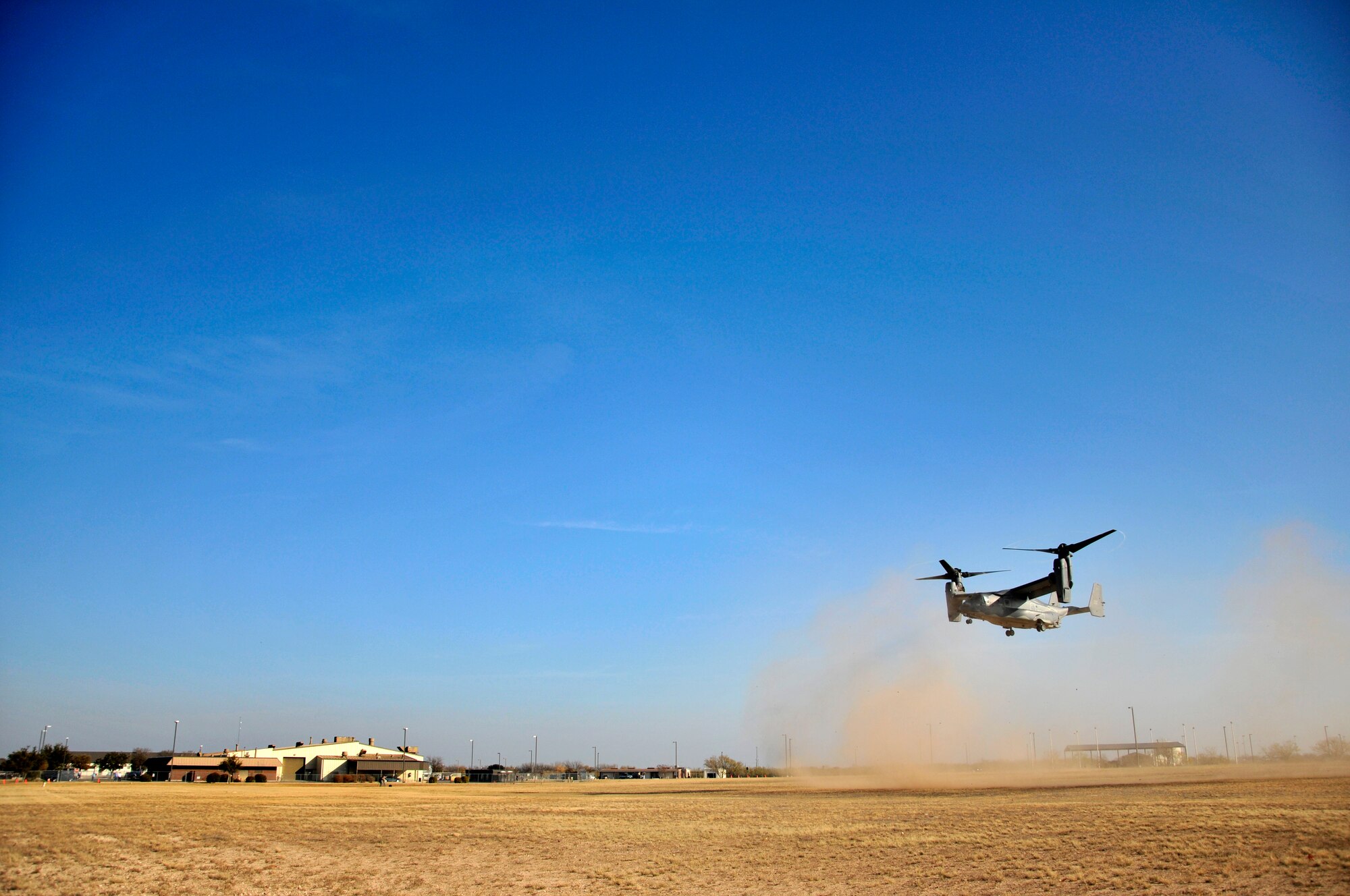 GOODFELLOW AIR FORCE BASE, Texas - A CV-22 Osprey from the 27th Special Operations Wing, lands for a visit Dec. 8. The Osprey brought intelligence personnel from the 20th Operations Squadron back to Goodfellow to give intelligence students first-hand experience with their counterparts in the operational Air Force.  (U.S. Air Force photo/ Airman First Class Scott Jackson) 