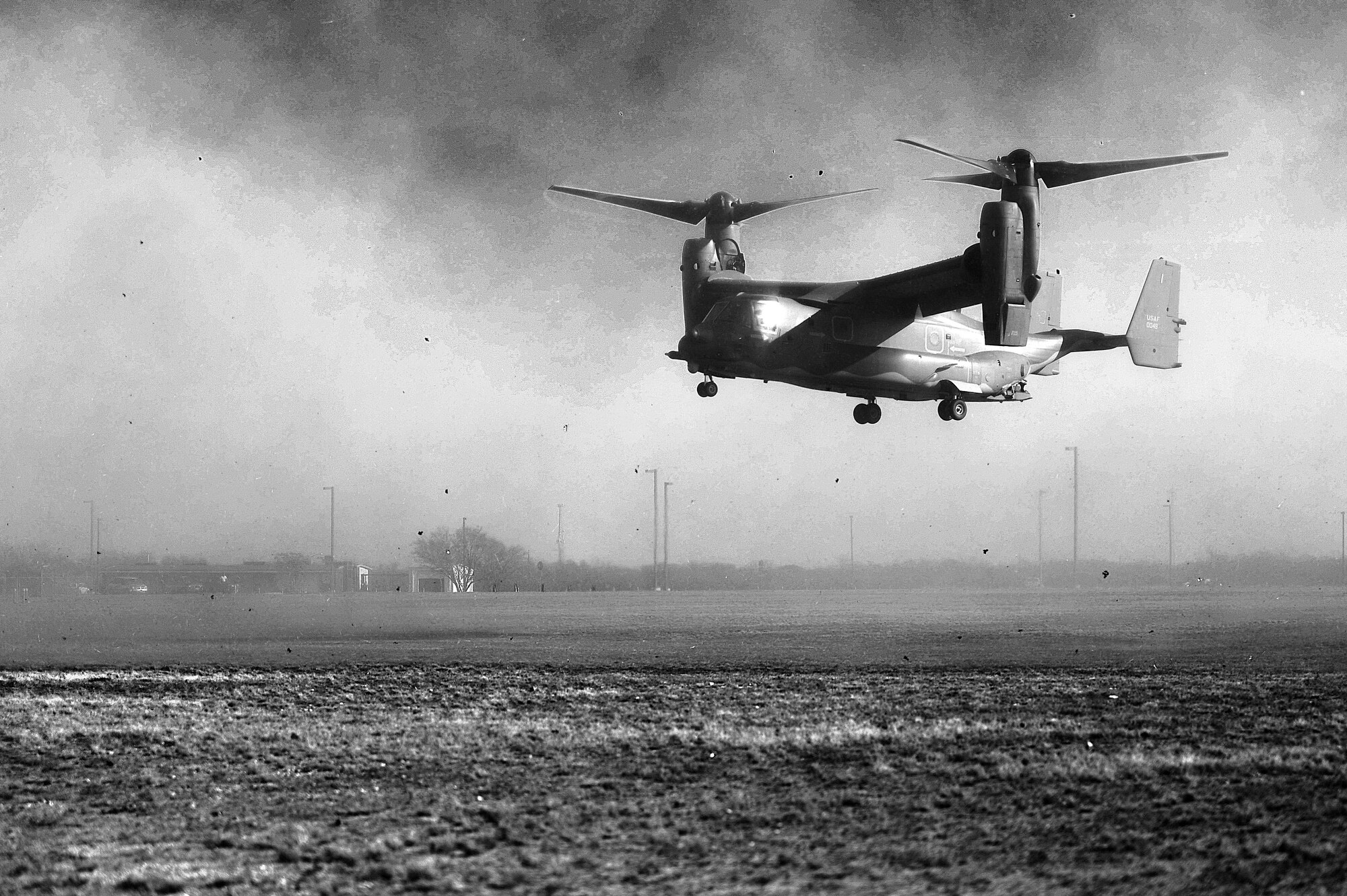 GOODFELLOW AIR FORCE BASE, Texas – A CV-22 Osprey from Cannon Air Force Base lands Dec. 8. The 20th Special Operations Squadron flew the Osprey to Goodfellow to provide students an orientation on special operations missions and aircraft they may support after graduation. (U.S. Air Force photo/ Airman 1st Class Devin Boyer)