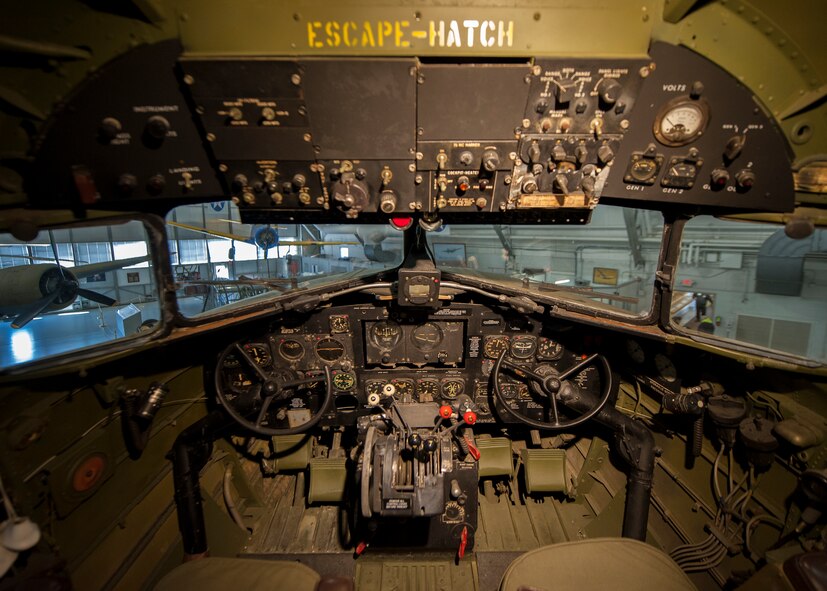 The cockpit of the C-47A Skytrain, “Turf and Sport Special,” sits on display Nov. 15, 2014, inside the Air Mobility Command Museum on Dover Air Force Base, Del. This type of aircraft carried personnel and cargo, and in a combat role, towed troop-carrying gliders and dropped paratroopers into enemy territory. (U.S. Air Force photo/Airman 1st Class Zachary Cacicia)