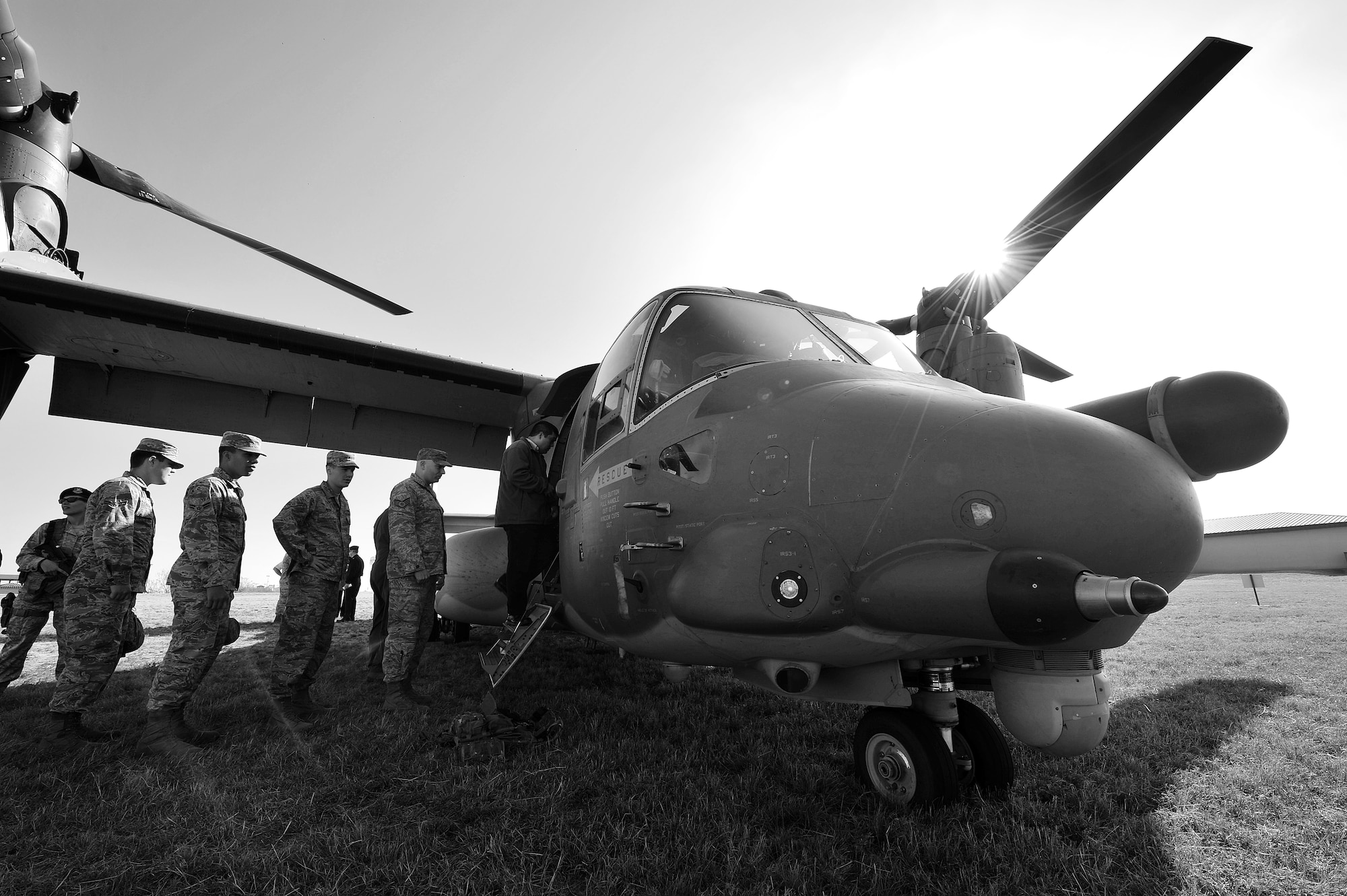 GOODFELLOW AIR FORCE BASE, Texas – 17th Training Group students board a CV-22 Osprey Dec. 8. Pilots from the 20th Special Operations Squadron flew the Osprey to Goodfellow to provide intelligence students an orientation on special operations missions and aircraft that they may support after graduation. (U.S. Air Force photo/ Airman 1st Class Devin Boyer)