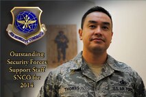 Senior Master Sgt. Jerald D. Thomas, operations superintendent for the 319th Security Forces Squadron, was named the Air Mobility Command's Outstanding Security Forces Support Staff Senior NCO for 2014. The 16-year Air Force veteran stationed at Grand Forks Air Force Base, N.D., will move on to compete in the same category at the Air Force level. (U.S. Air Force photo illustration/Staff Sgt. Luis Loza Gutierrez)