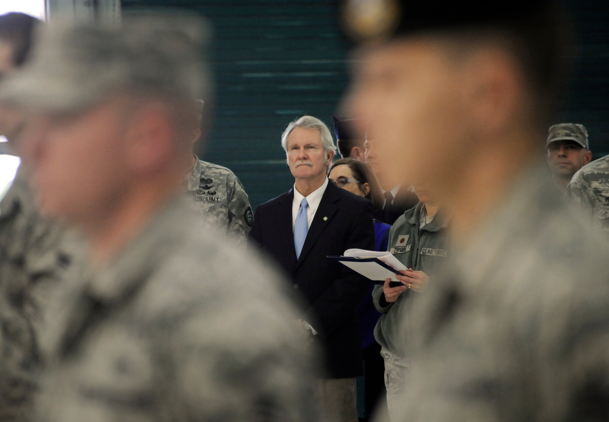 Oregon Governor John Kitzhaber awaits the beginning of the Demobilization Ceremony for the 142nd Fighter Wing Civil Engineer Squadron and Security Forces Squadron at the Portland Air National Guard Base, Ore., Dec. 7, 2014. (U.S. Air National Guard photo by Tech. Sgt. John Hughel, 142nd Fighter Wing Public Affairs/Released)