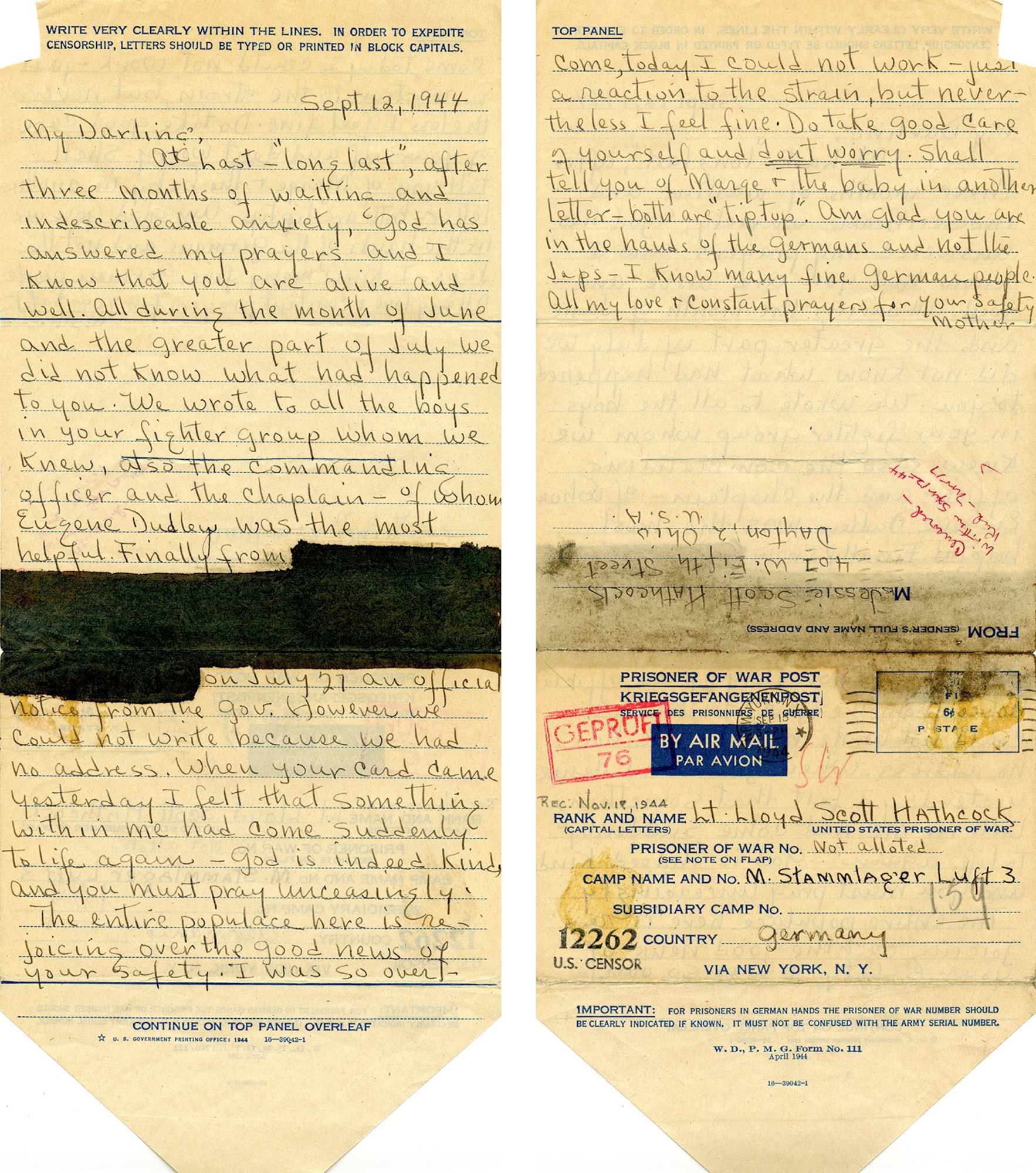 Prisoner of War letter from Lt. Lloyd "Scotty" Hathcock's mother. Notice the information blacked out by the wartime censor. (U.S. Air Force photo)