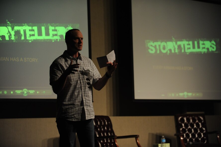 Capt. Michael Taddy, 5th Aircraft Maintenance Squadron maintenance operations officer, speaks to a group of Airmen at the Storytellers program on Minot Air Force Base, N.D., Dec. 5, 2014. During his speech, Taddy shared stories of his personal experiences with attempted suicide and alcohol abuse and what he did to persevere through tough times. (U.S. Air Force photo/Senior Airman Stephanie Morris)