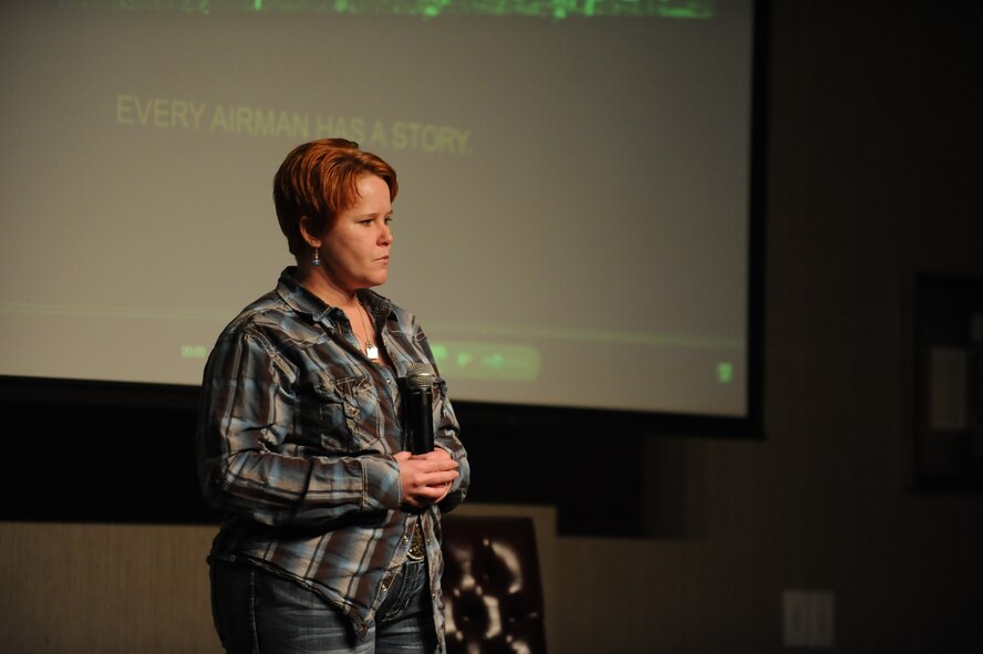 Master Sgt. Natasha Horn, 91st Missile Operations Squadron missile maintenance operations center, speaks to a group of Airmen at the Storytellers program on Minot Air Force Base, N.D., Dec. 5, 2014. Horn shared a story with the group about a traumatic event that occurred while she was in technical school and what she did to overcome it. (U.S. Air Force photo/Senior Airman Stephanie Morris)