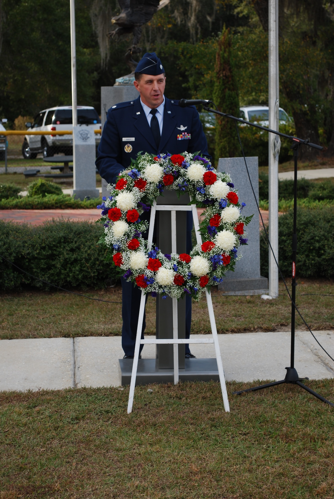 FREEPORT, Fla. -- Lt. Col. Jason Burch, 20th Space Control Squadron director of operations, was the guest speaker at the Freeport Veteran’s Memorial Nov. 11. (Photo courtesy of The Defuniak Herald/used with permission) 