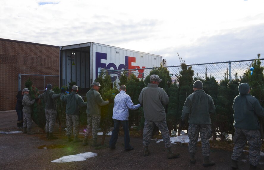 Airmen and volunteers unload Christmas trees during Trees for Troops outside the 28th Force Support Squadron Outdoor Recreation Center at Ellsworth Air Force Base, S.D., Dec. 5, 2014. Tree farms from Iowa, Kansas and Missouri donated 175 trees for the event, providing Airmen with a free Christmas tree to thank them for their service. (U.S. Air Force photo by Senior Airman Zachary Hada/Released)