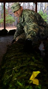 U.S. Army Sgt. 1st Class Lewis Trogler, Army Training Support Center infantryman, selects a tree during the Trees for Troops event at Fort Eustis, Va., Dec. 9, 2014. Soldiers volunteered to help participants move their trees, which were donated by multiple tree farms to Fort Eustis. (U.S. Air Force photo by Senior Airman Austin Harvill/Released)