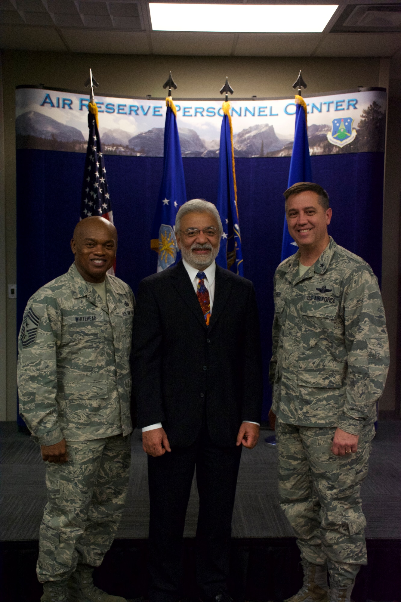 Chief Master Sergeant Tony Whitehead, Air National Guard Readiness Center command chief master sergeant, Richard Rico, ANGRC director of staff, and Brig. Gen. Michael R. Taheri, ANGRC commander, hosted a commander’s call to speak to Guard members at the Air Reserve Personnel Center Dec. 5, 2014, on Buckley Air Force Base, Colo. (U.S. Air Force photo/Master Sgt. Rick Grybos)