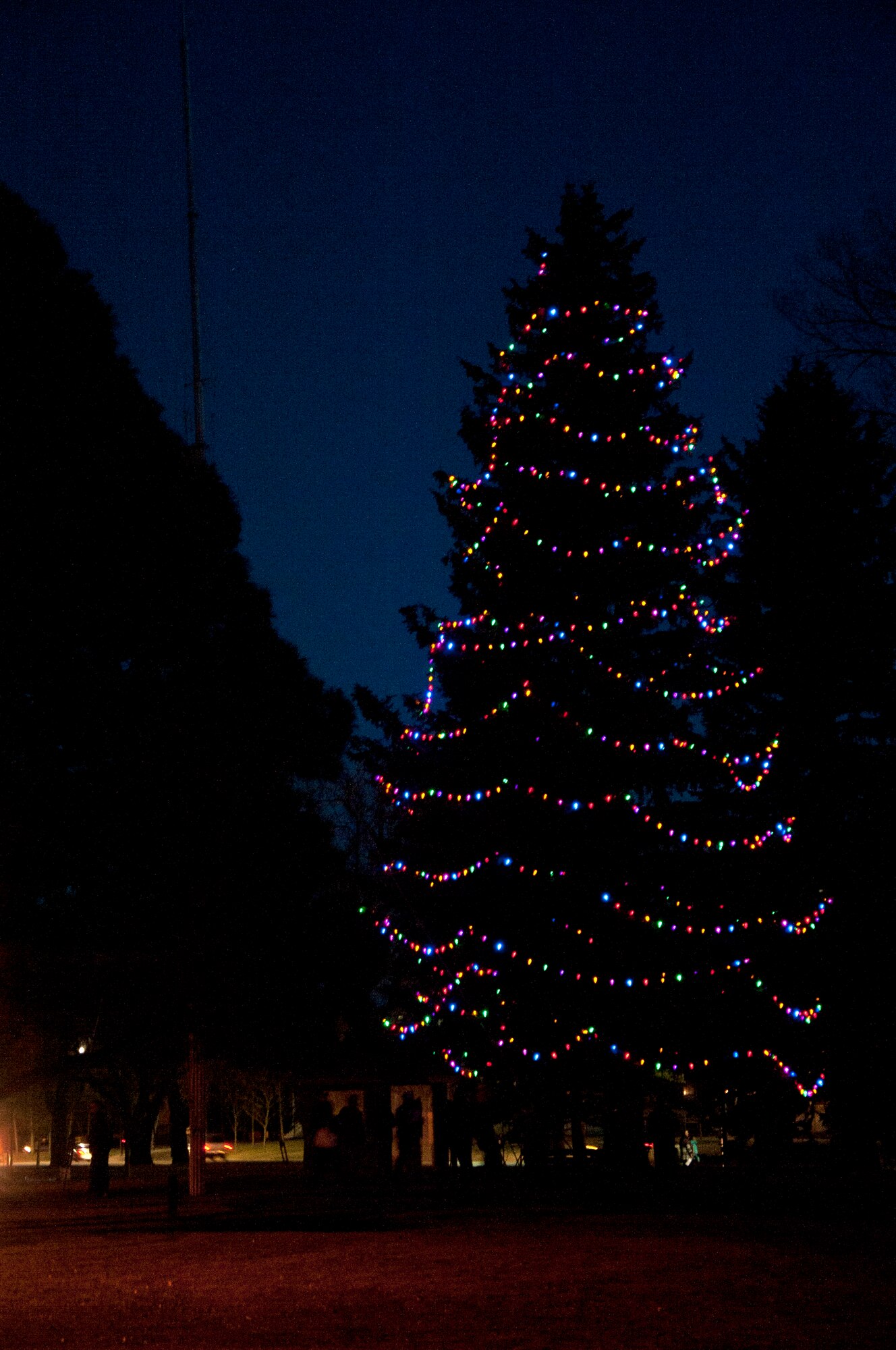 A tree near the base flagpole is lit up in the spirit of the holidays. The tree was lit during a ceremony Dec. 5 and will remain lit through the holidays. 