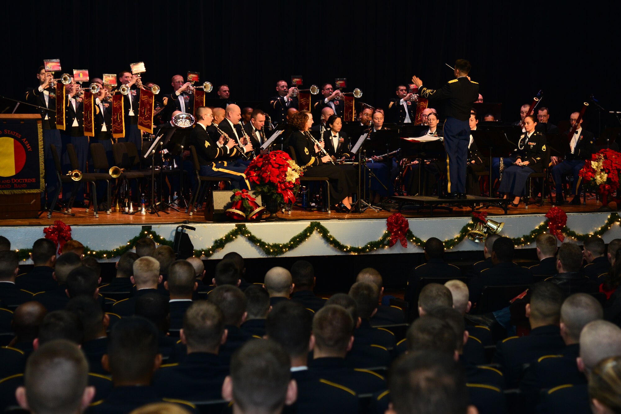 The U.S. Army Training and Doctrine Command Band performs Holiday Fanfare during the “Celebrate the Holidays!” concert series at Fort Eustis, Va., Dec. 7, 2014. According to the band’s website, the series is a musical exploration of the season’s cultural and religious holidays. (U.S. Air Force photo by Senior Airman Aubrey White/Released) 