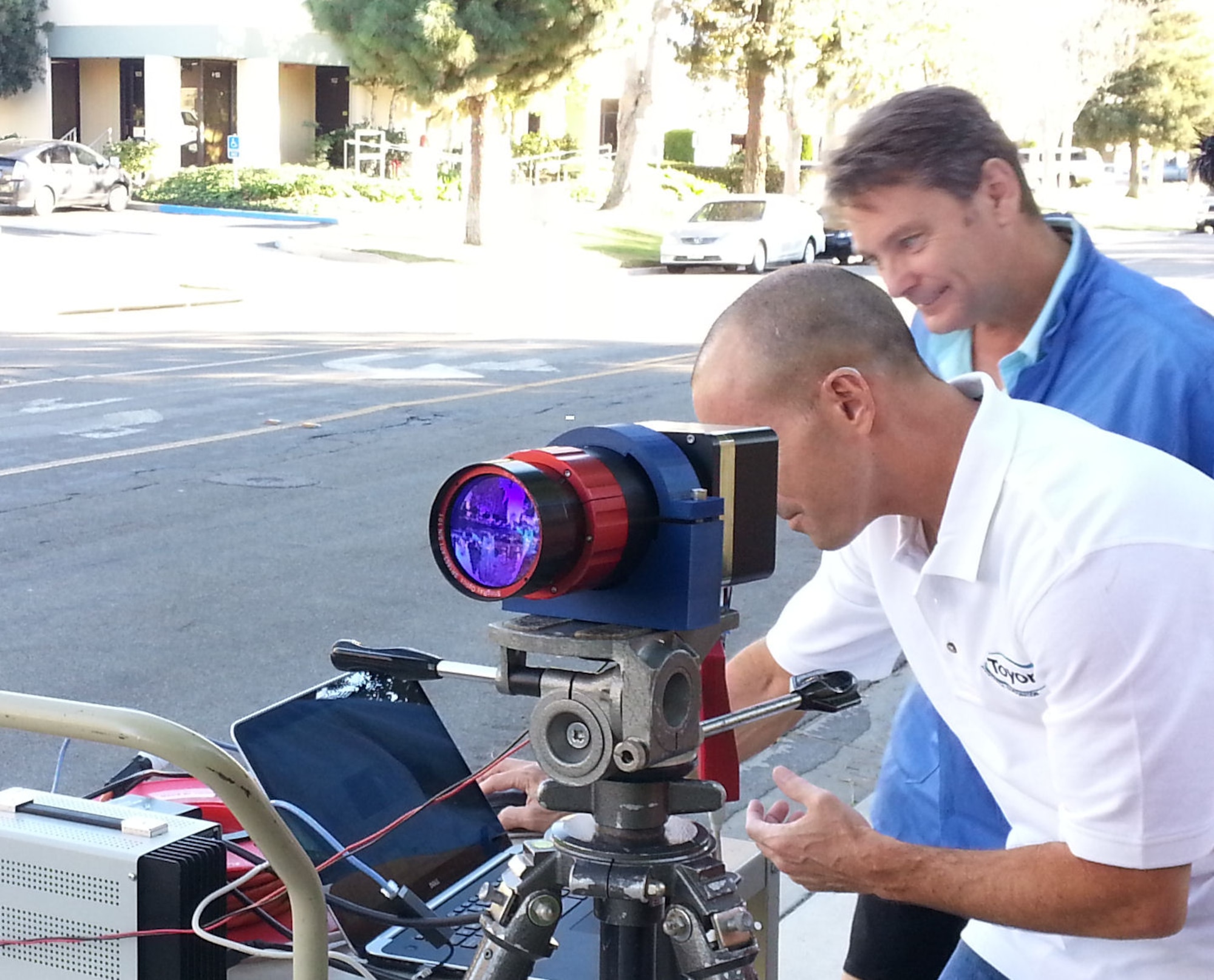 Jason Hannon, (Toyon Research Corp.), and Greg Wagner (FLIR-EOC Inc.) test a high-definition, short-wave infrared camera. The Air Force Research Laboratory, headquartered at Wright-Patterson Air Force Base, is managing the project to ultimately provide the warfighter with enhanced airborne surveillance. (Courtesy photo)