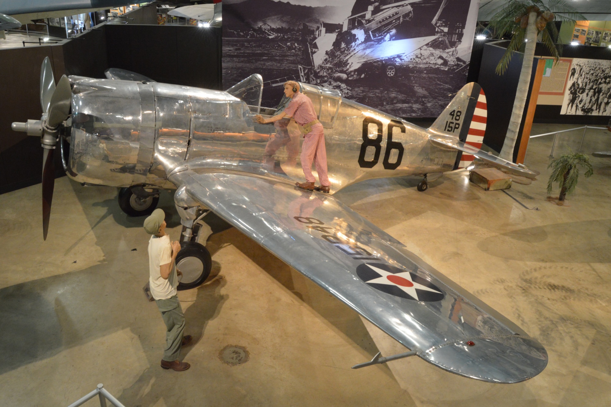 DAYTON, Ohio -- Curtiss P-36A Hawk diorama with a portrayal of Lt. Phillip Rasmussen in the World War II Gallery at the National Museum of the United States Air Force. (U.S. Air Force photo)
