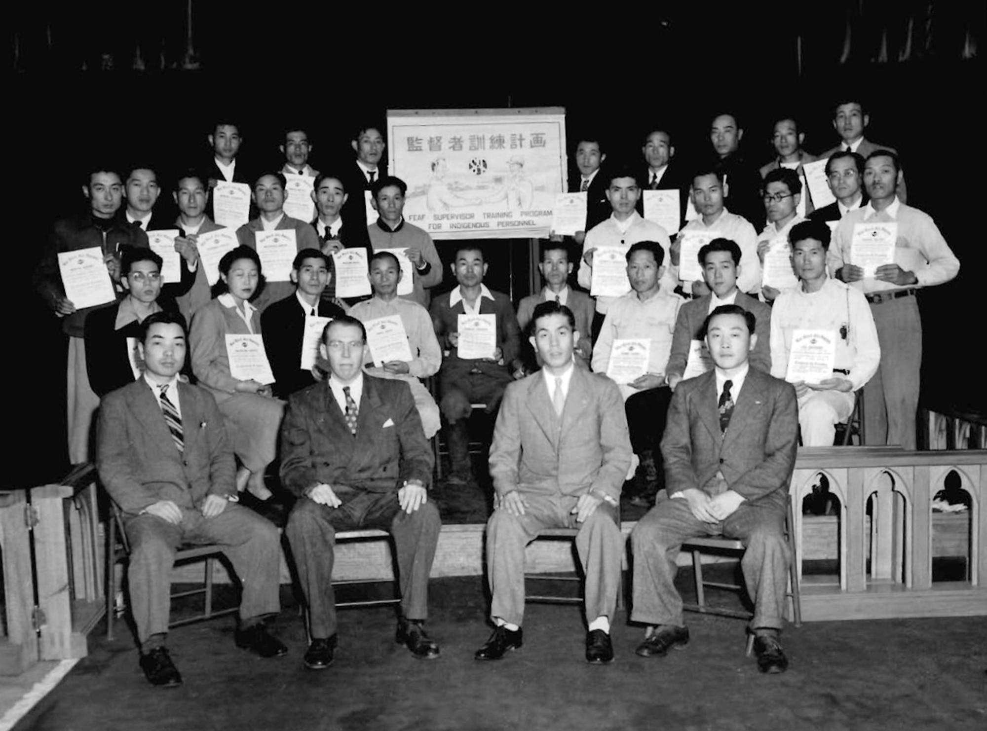 A 1952 photo showing graduates of a management class for Japanese
nationals working at Yokota Air Base. (U.S. Air Force photo courtesy of the 374 Airlift Wing History Office)