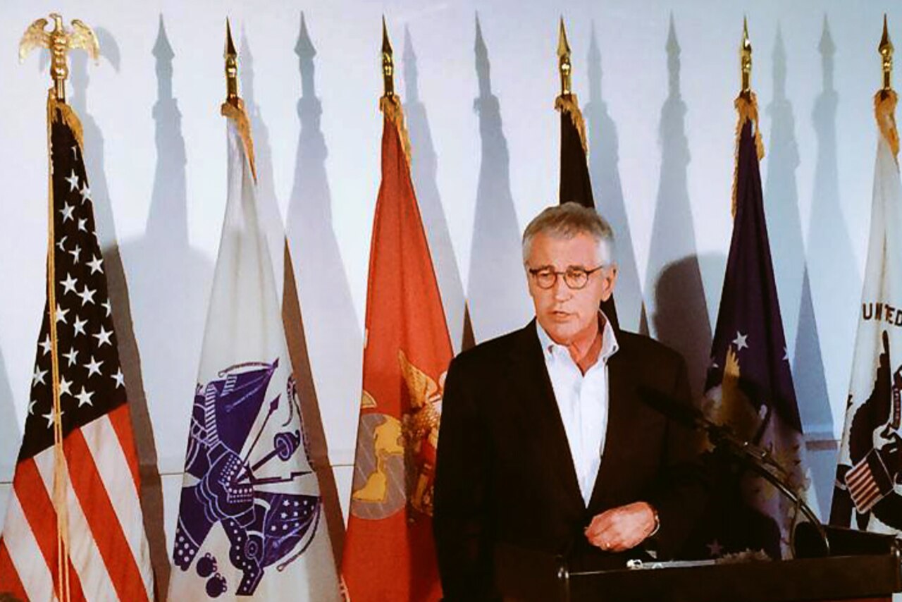 U.S. Defense Secretary Chuck Hagel speaks to reporters during a press briefing in Baghdad, Dec. 9, 2014. DoD photo 