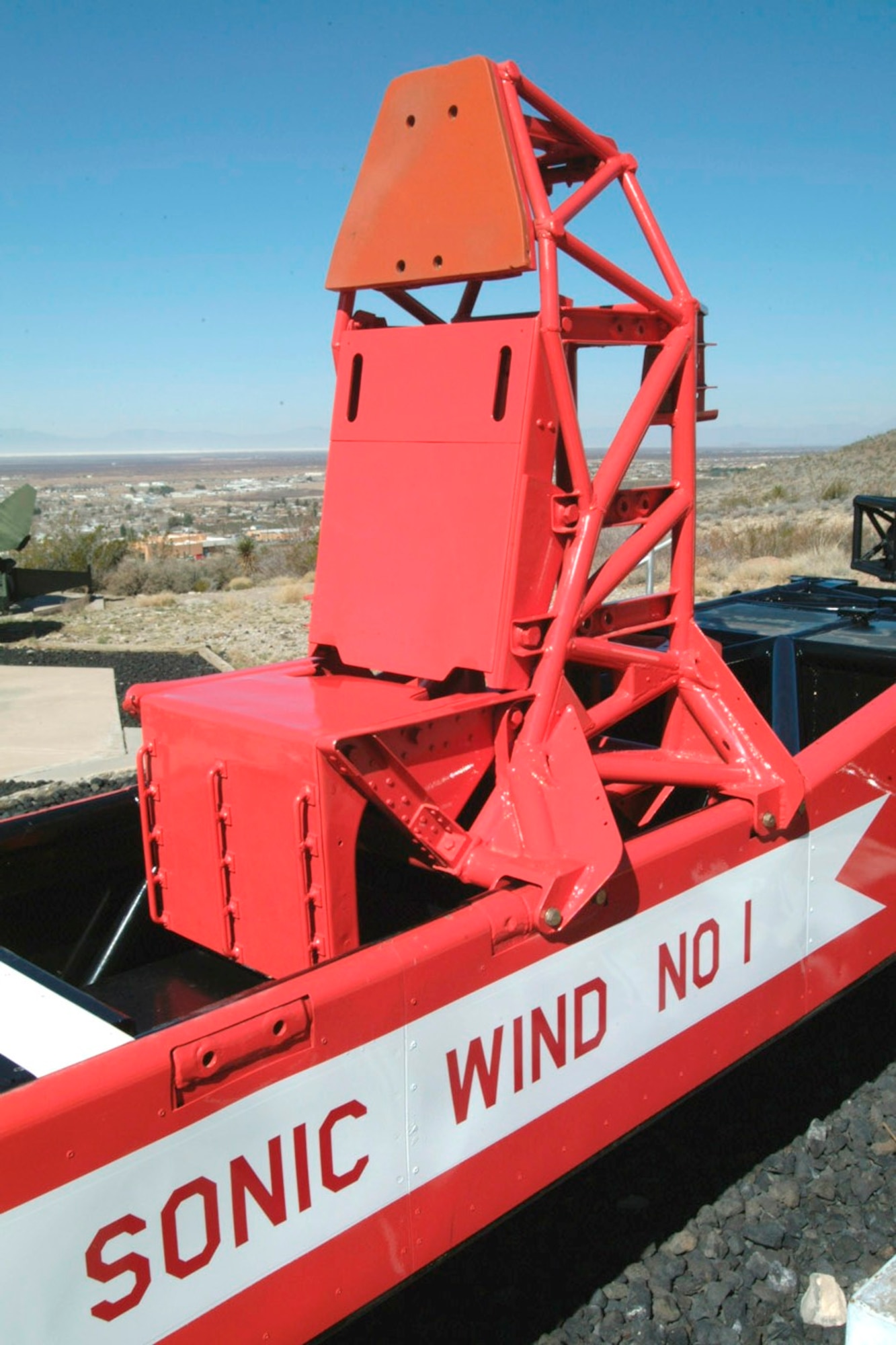 On December 10, 1954, Col. John P. Stapp propelled down the Holloman High Speed Test Track aboard the Sonic Wind Rocket Sled 1 at a rate of 632 miles per hour. The purpose of this experiment was to see at what speed a pilot could safely eject. The Sonic Wind 1, the sled Stapp used for that test, is now displayed at the New Mexico Museum of Space History. (Courtesy Photo)