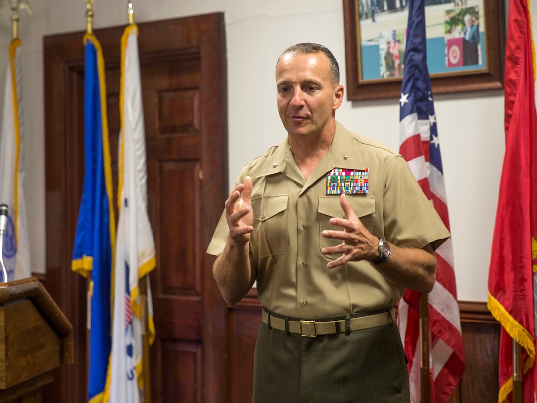 Brig. Gen. Charles G. Chiarotti, the commanding general of 2nd Marine Logistics Group, speaks to Camp Lejeune’s inaugural Command and Staff College Blended Seminar Program class during the course’s graduation ceremony held at the Officers’ Club aboard Marine Corps Base Camp Lejeune, Sept. 4. The Command and Staff College Blended Seminar Program is a distance professional military education course for Chief Warrant Officer 4, Marine field grade and other service field grade officers. The course offers instruction in the small wars, joint warfighting, amphibious operations and operational planning, among a slew of courses designed to prepare field grade officers for higher level billets. The 10 students were the first graduates of the blended seminar on the East Coast, a similar course was offered in the West Coast which concluded around the same time. Blended seminars are a new approach to distance education, where students participate in periods of focused education with daily classes and periods of online lessons.