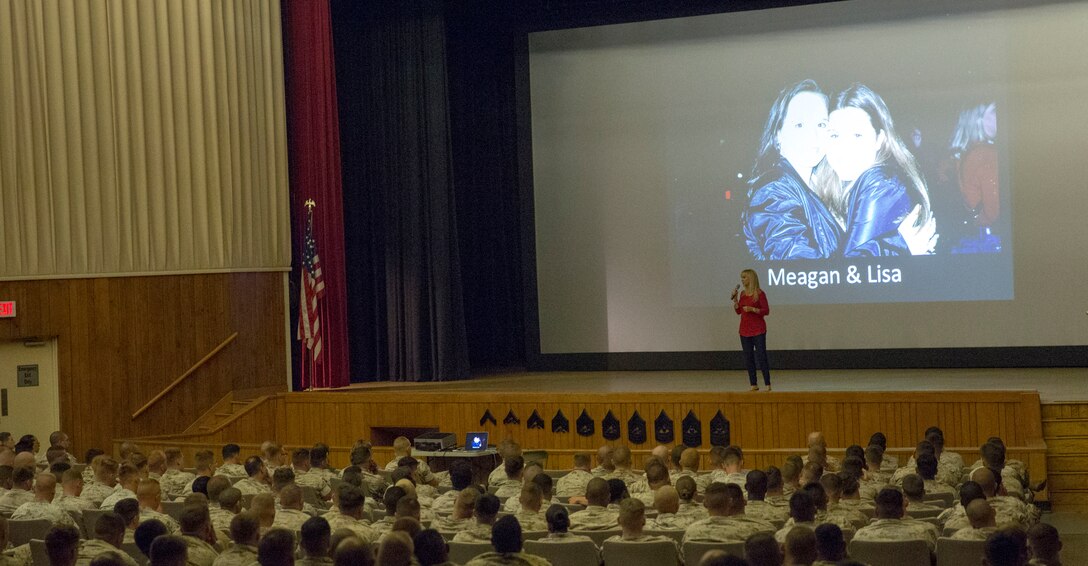 Renee Napier, a guest speaker, shares the story of her journey after the death of her daughter due to a drunk driver in a presentation to Marines 2nd Maintenance Battalion at the base theater aboard Marine Corps Base Camp Lejeune, June 5. Leaders with 2nd Maintenance Battalion invited other units such as Combat Logistics Regiment 2 and 8th Communications Battalion to listen to Napier. (U.S. Marine Corps photo by Cpl. Jackeline M. Perez Rivera/Released)