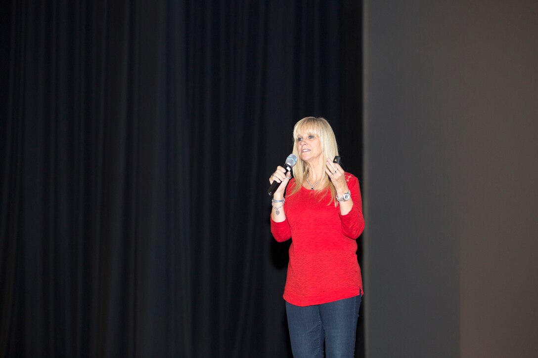 Renee Napier, a guest speaker, shares the story of her journey after the death of her daughter due to a drunk driver in a presentation to Marines 2nd Maintenance Battalion at the base theater aboard Marine Corps Base Camp Lejeune, June 5. Leaders with 2nd Maintenance Battalion invited other units such as Combat Logistics Regiment 2 and 8th Communications Battalion to listen to Napier. (U.S. Marine Corps photo by Cpl. Jackeline M. Perez Rivera/Released)