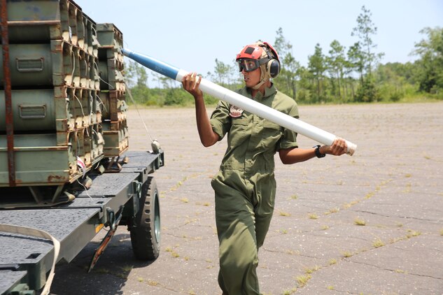 Lance Cpl. Mahavir Kallirai, an aviation ordnance technician with Marine Light Attack Helicopter Squadron 269 from Elk Grove, Calif., handles ordnance for an AH-1W Super Cobra helicopter during Forward Arming and Refueling Point exercises at Marine Corps Outlying Field Camp Davis, near Holly Ridge, N.C., July 8. Throughout the week the Marines with HLMA-269 filled and reloaded aircraft 18 times with 200 to 300 gallons of fuel each time.
