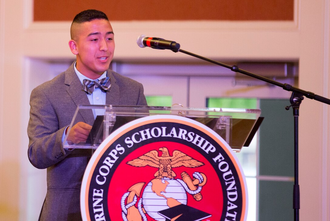 Isaiah Leiva, a college sophomore at the University of North Carolina at Chapel Hill, shares his aspirations and gratitude with guests at the Marine Corps Scholarship Foundation’s Scholarship Announcement Ceremony at the Marston Pavilion aboard Marine Corps Base Camp Lejeune, July 18. Scholarship recipients and their families attended the ceremony where they commemorated more than $6.59 million in scholarship funding provided to 2,194 military children for the 2014-15 academic year. Marine Corps Scholarship Foundation is the oldest and largest provider of need-based scholarships. For more information, visit www.mcsf.org.