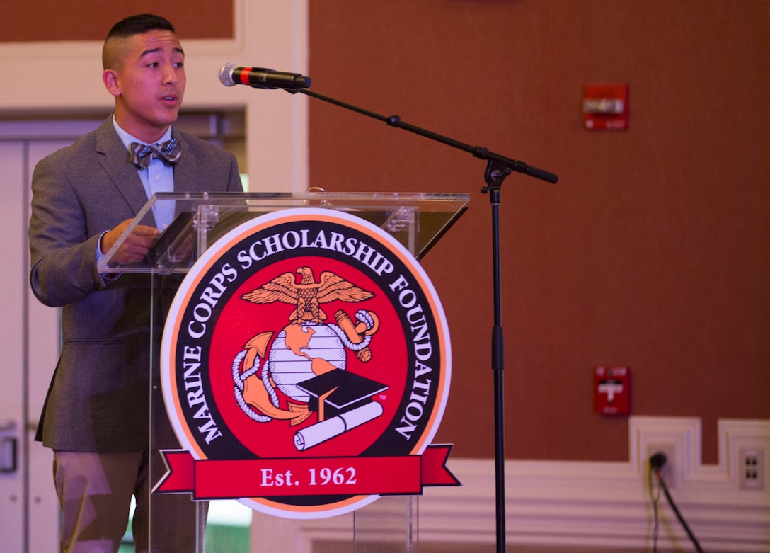 Isaiah Leiva, a college sophomore at the University of North Carolina at Chapel Hill, shares his aspirations and gratitude with guests at the Marine Corps Scholarship Foundation’s Scholarship Announcement Ceremony at the Marston Pavilion aboard Marine Corps Base Camp Lejeune, July 18. Scholarship recipients and their families attended the ceremony where they commemorated more than $6.59 million in scholarship funding provided to 2,194 military children for the 2014-15 academic year. Marine Corps Scholarship Foundation is the oldest and largest provider of need-based scholarships. For more information, visit www.mcsf.org.