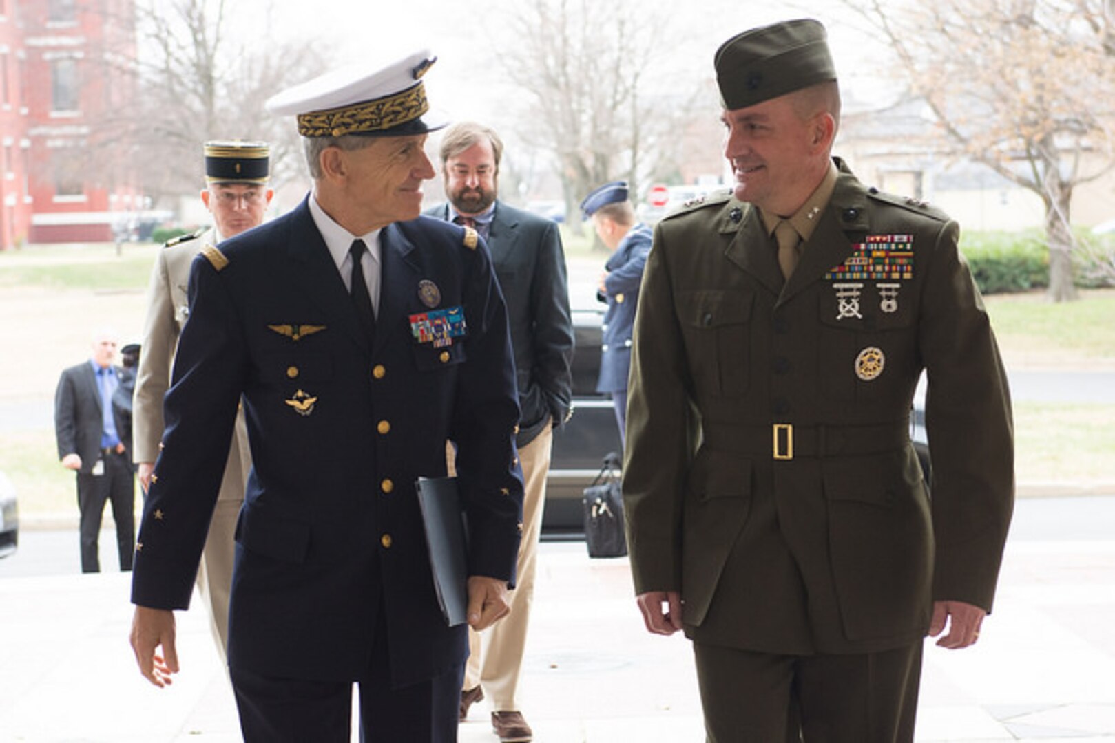 NDU President Major General Frederick M. Padilla USMC with General Jean Paul Paloméros NATO's Supreme Allied Commander Transformation in front of Marshall Hall.