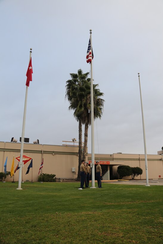 The flag is raised during a morning colors ceremony aboard Marine Corps Air Station Miramar, Calif., Dec. 9. The ceremony commemorated the deactivation of Marine Aircraft Group Afghanistan and the end of 3rd Marine Aircraft Wing’s involvement in Operation Enduring Freedom.