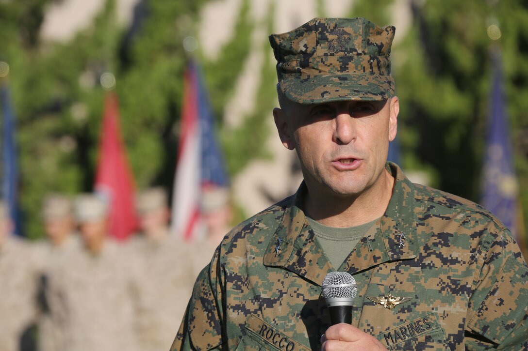 Maj. Gen. Michael Rocco, commanding general of 3rd Marine Aircraft Wing, spoke during a morning colors ceremony aboard Marine Corps Air Station Miramar, Calif., Dec. 9. The ceremony was held to commemorate the end of 3rd Marine Aircraft Wing’s presence in Afghanistan in support of Operation Enduring Freedom.