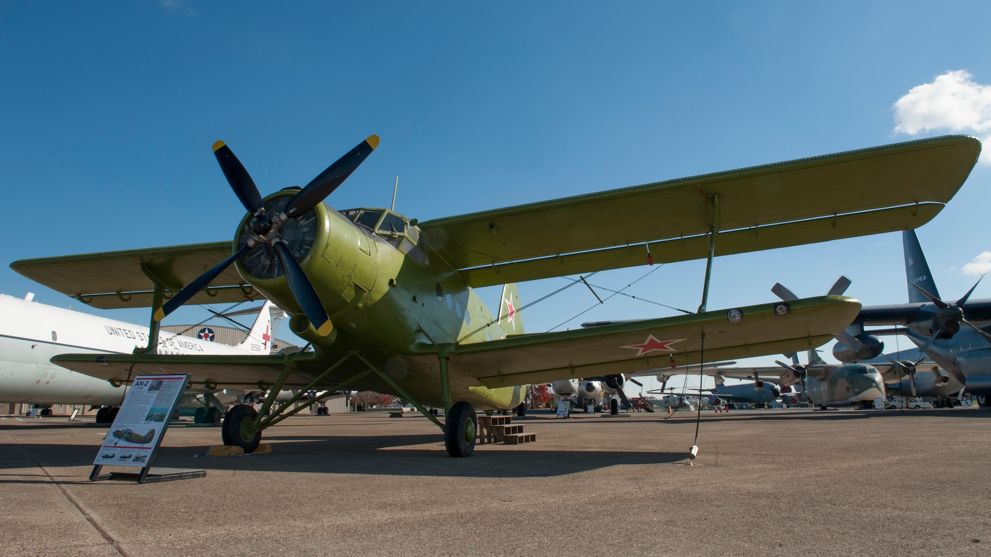 A Soviet-era Antonov AN-2 cargo aircraft sits on display Nov. 15, 2014, at the Air Mobility Command Museum on Dover Air Force Base, Del. This is the only non-American aircraft currently on display at the museum. (U.S. Air Force photo/Airman 1st Class Zachary Cacicia)