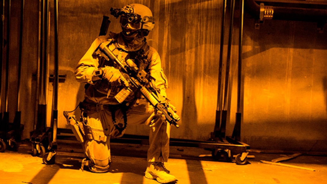 U.S Marine Sgt. Eric Maehler holds security while conducting a raid during realistic urban training at Dodger Stadium in Los Angeles Dec. 8, 2014. Maehler is a team leader with the 15th Marine Expeditionary Unit’s Maritime Raid Force. RUT prepares the Marines of the 15th MEU for their upcoming deployment by enhancing their combat skills in environments they may encounter in future missions. (U.S. Marine Corps photo by Cpl. Anna Albrecht/Released)