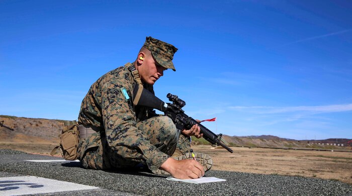 Recruit Lloyd A. Lite, Platoon 3229, Kilo Company, 3rd Recruit Training Battalion, marks down his previous shot during rifle week at Edson Range, Weapons and Field Training Battalion, Marine Corps Base Camp Pendleton, Calif., Nov. 24. Recruits mark down each shot to mark necessary adjustments if needed. 