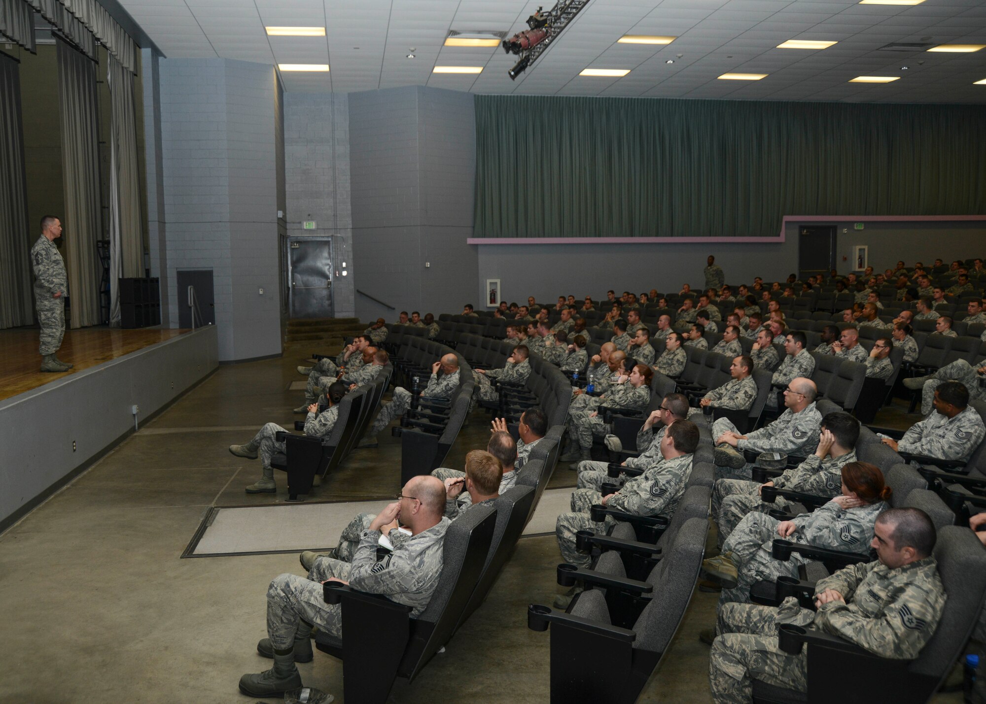 New 412th Test Wing command chief, David Smith, held an all call for non-commissioned officers in the base theater to introduce himself, Dec. 8. (U.S. Air Force photo by Rebecca Amber)