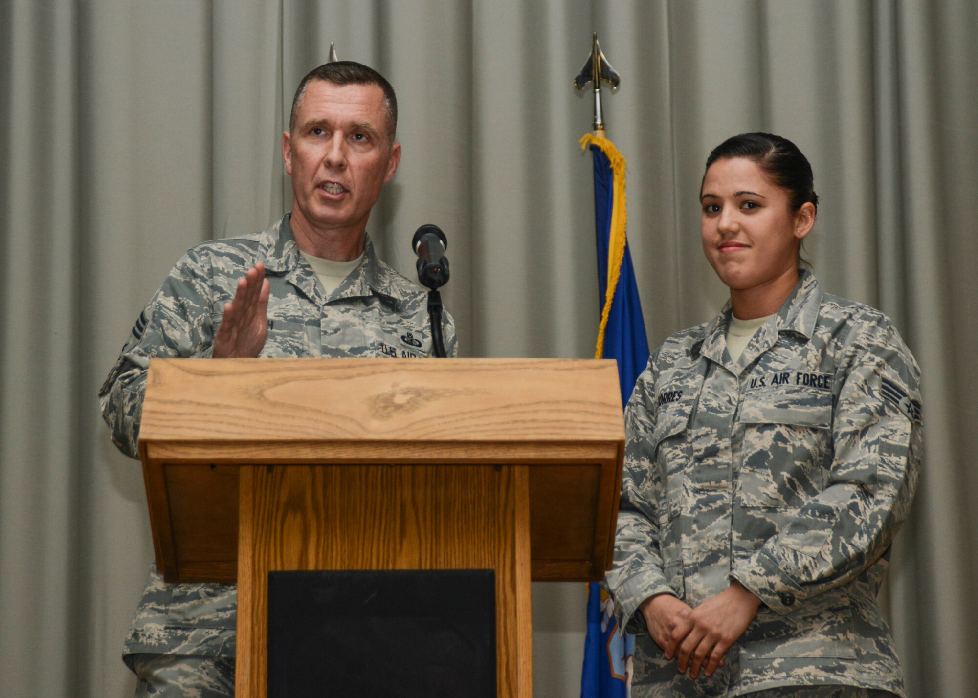 412th Test Wing Command Chief, David Smith, invited Senior Airman Emily Torres to explain how the Airmen Against Drunk Driving program works at Edwards. Smith arrived last month as the new 412th TW command chief and introduced himself to his Airmen in two all-calls Dec. 8 and Dec. 10. (U.S. Air Force photo by Rebecca Amber)