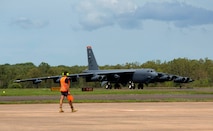 A U.S. Air Force B-52 Stratofortress stationed at Anderson Air Force Base, Guam, landed at Royal Australian Air Force (RAAF) Base Darwin on Monday 8 December 2014, as part of U.S. Pacific Command and U.S. Air Force rotational bomber presence in the Pacific. These rotations enhance U.S. ability to train, exercise and operate with Australia and other allies and partners across the region, further enabling the U.S. to work together with these nations to respond more quickly to a wide range of challenges, including humanitarian crises and disaster relief, as well as promoting security cooperation efforts across the region. (Royal Australian Air Force Photo/Released)