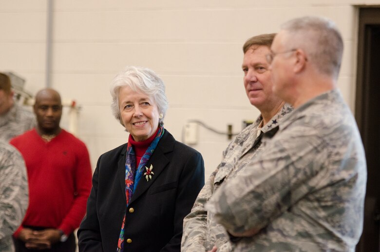 Lt. Gov. Crit Luallen welcomes home members of the 123rd Contingency Response Group at the Kentucky Air National Guard Base in Louisville, Ky., Dec. 6, 2014. The Airmen spent seven weeks in Senegal operating an air cargo hub that delivered more than 750 tons of humanitarian aid and equipment to West Africa in support of Operation United Assistance, the international effort to fight an Ebola outbreak there. (U.S. Air National Guard photo by Senior Airman Joshua Horton)