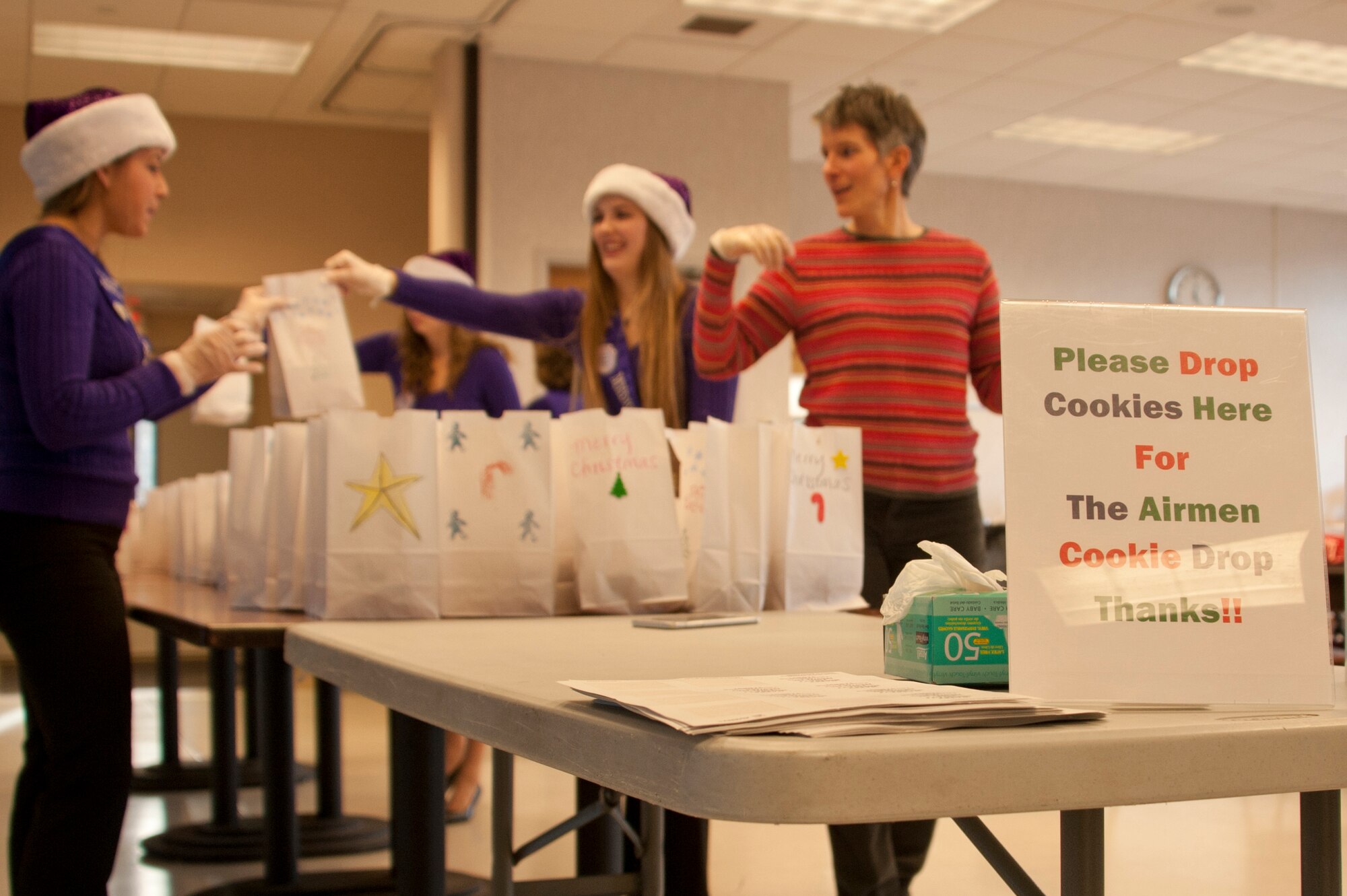 Spokane Lilac Festival’s FAB 14 place filled bags of cookies on a table Dec. 8, 2014, at Fairchild Air Force Base, Wash. The FAB 14 volunteered with the Officer’s Spouses Club during Operation Cookie Drop. (U.S. Air Force photo/Airman 1st Class Nicolo J. Daniello)