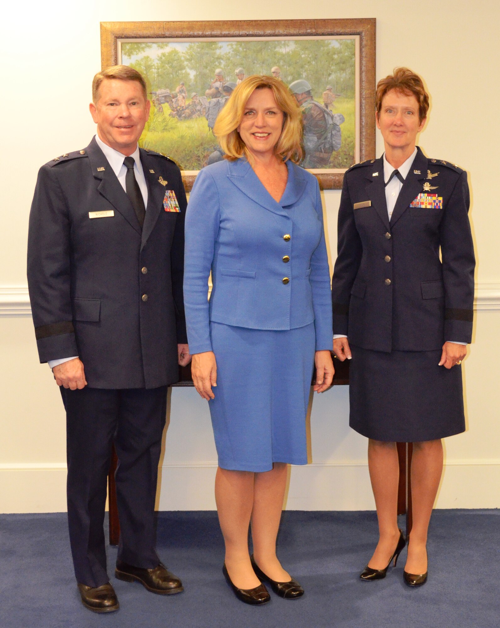 Secretary of the Air Force Deborah Lee James poses with the incoming leadership of the Air Forces Reserve Policy Committee, Maj. Gen. John Nichols, Texas adjutant general and Maj. Gen. Jane Rohr, mobilization assistant to the commander Air Force Space Command. Rohr is the chairman and Nichols is the vice chair of the committee. ARFPC reviews major policy matters that directly affect the reserve components and the Air Force’s mobilization preparedness.