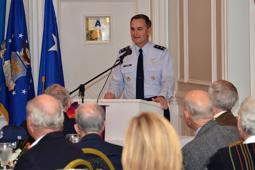 U.S. Air Force Maj. Gen. H.D. Polumbo Jr., Ninth Air Force commander, addresses Rotarians during a Sumter Rotary meeting in Sumter, S.C., Dec. 8, 2014. Polumbo updated members on the Ninth Air Force area of responsibility, the challenges of Air Force downsizing, and the negative impacts of sequestration. (U.S. Air Force photo by Master Sgt. Latisha Cole/Released)