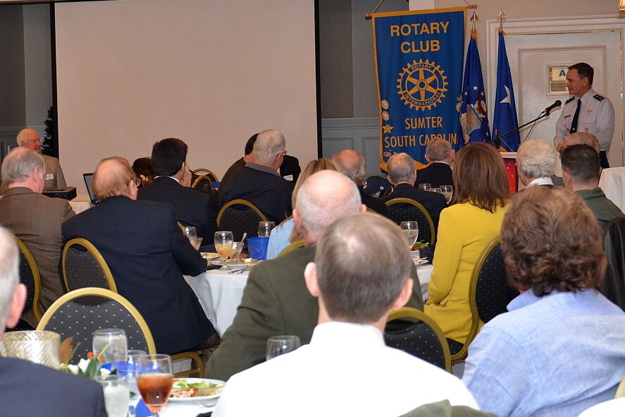 U.S. Air Force Maj. Gen. H.D. Polumbo Jr., Ninth Air Force commander, speaks to Sumter Rotary members during a meeting in Sumter, S.C., Dec. 8, 2014. The Sumter Rotary is one of three Rotary Clubs in Sumter, and consists of approximately 84 established business men and women from the Sumter area. (U.S. Air Force photo by Master Sgt. Latisha Cole/Released)